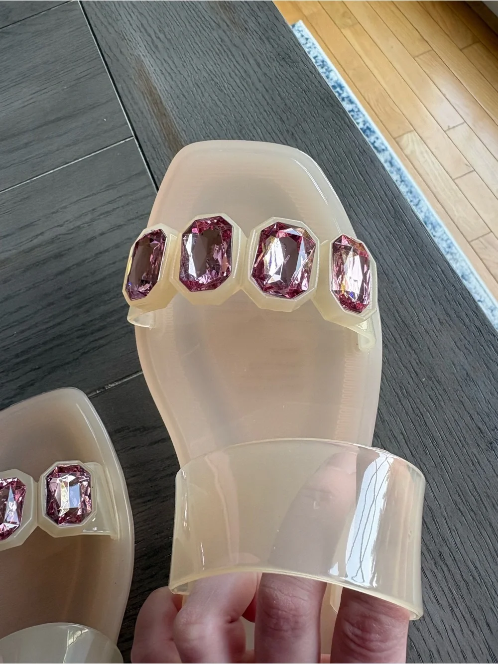 New York & Company Blush Clear Slides with Pink Gem Accents
